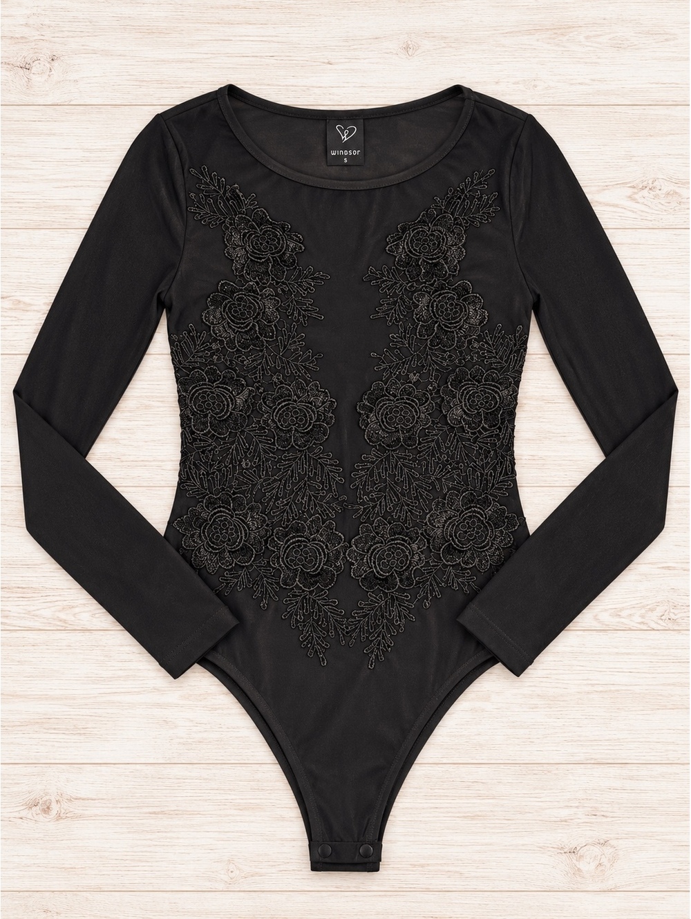 Windsor Women’s Small Black Floral Lace Mesh Long Sleeve Bodysuit